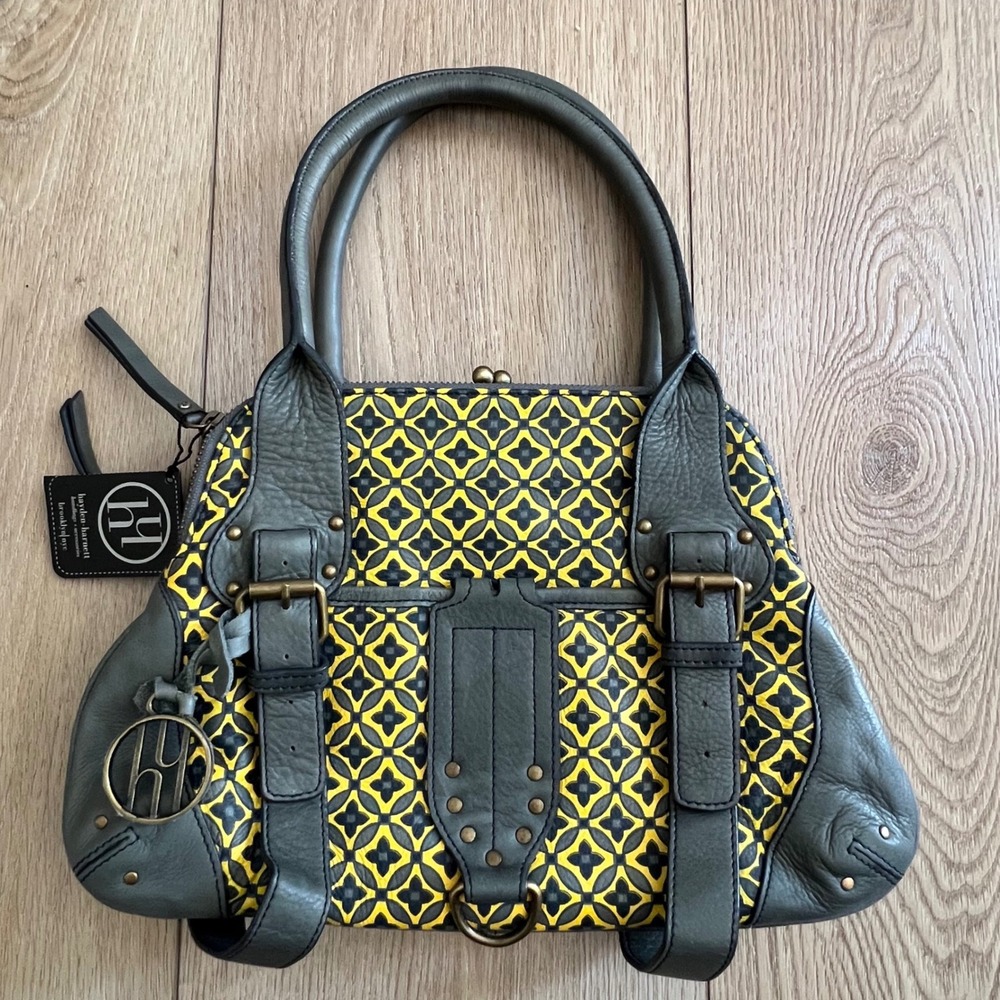 Hayden Harnett NWT Grey Yellow Leather Canvas Satchel Frame Bag Brooklyn